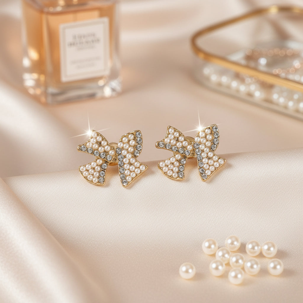 Pearl & Pavé Bow Earrings on satin with pearls