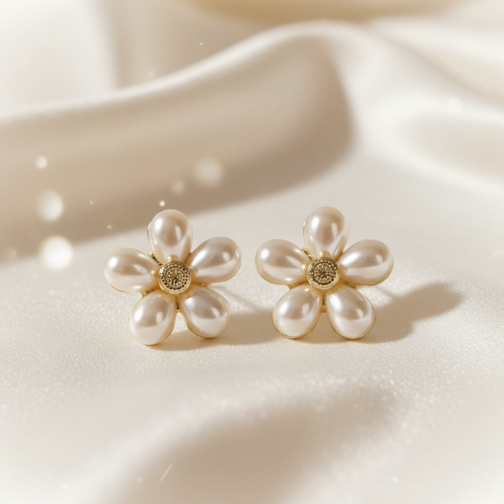 Pearl Petal Flower Earrings on white