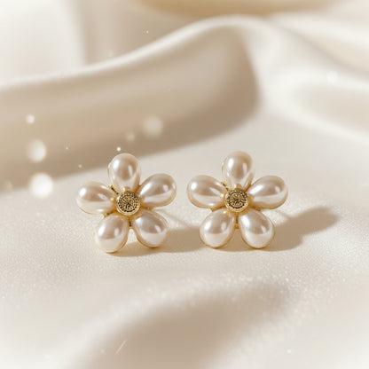 Pearl Petal Flower Earrings on white