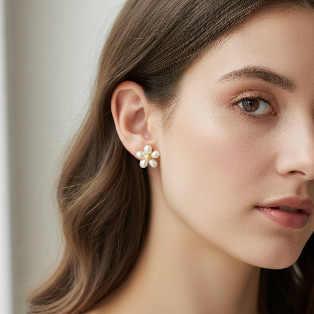 Woman wearing a Pearl Petal Flower Earring