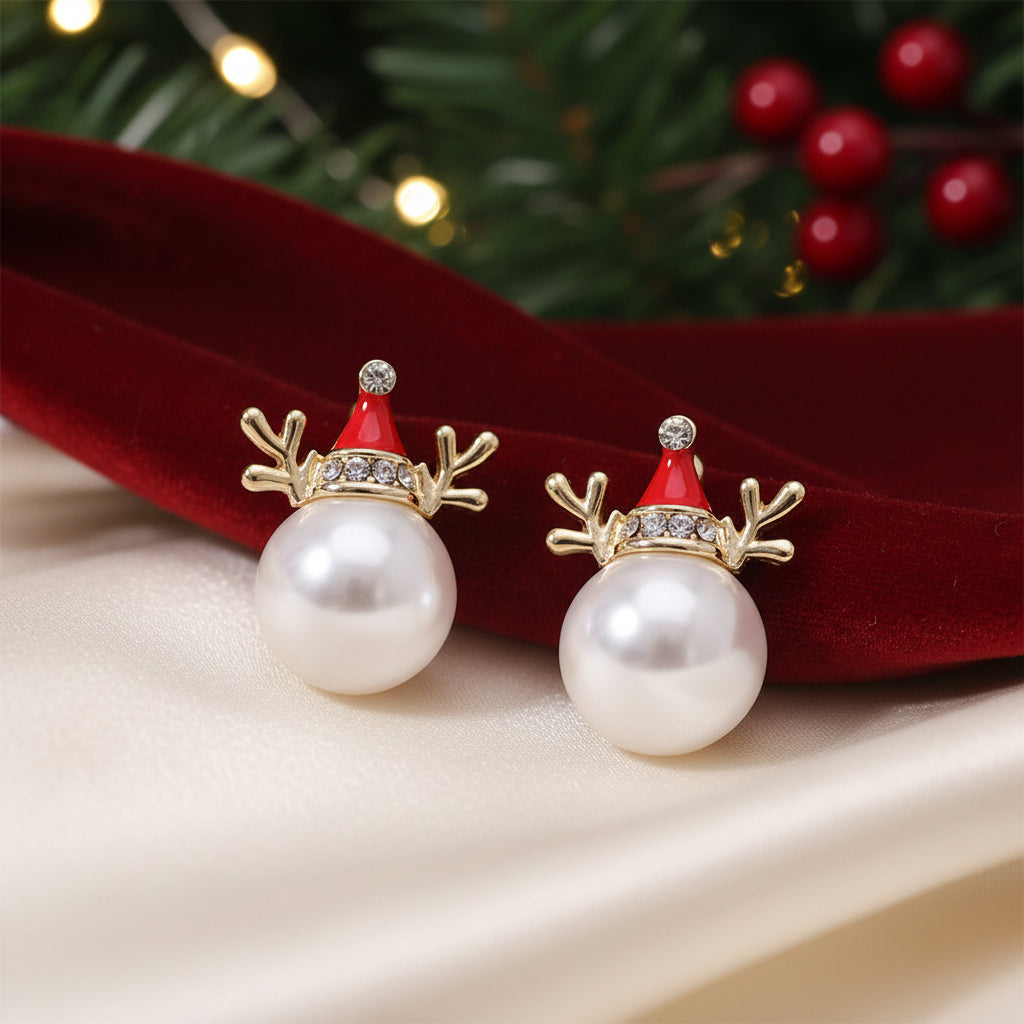 Pearl Reindeer Holiday Earrings on white