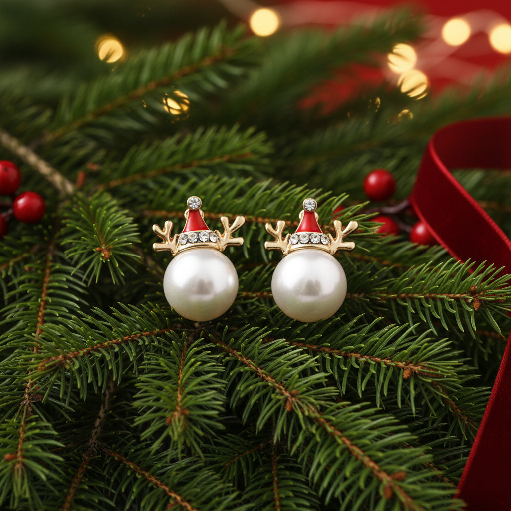 Pearl Reindeer Holiday Earrings on pine boughs