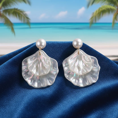Pearl Shell Earrings with gold post and layered iridescent petal design