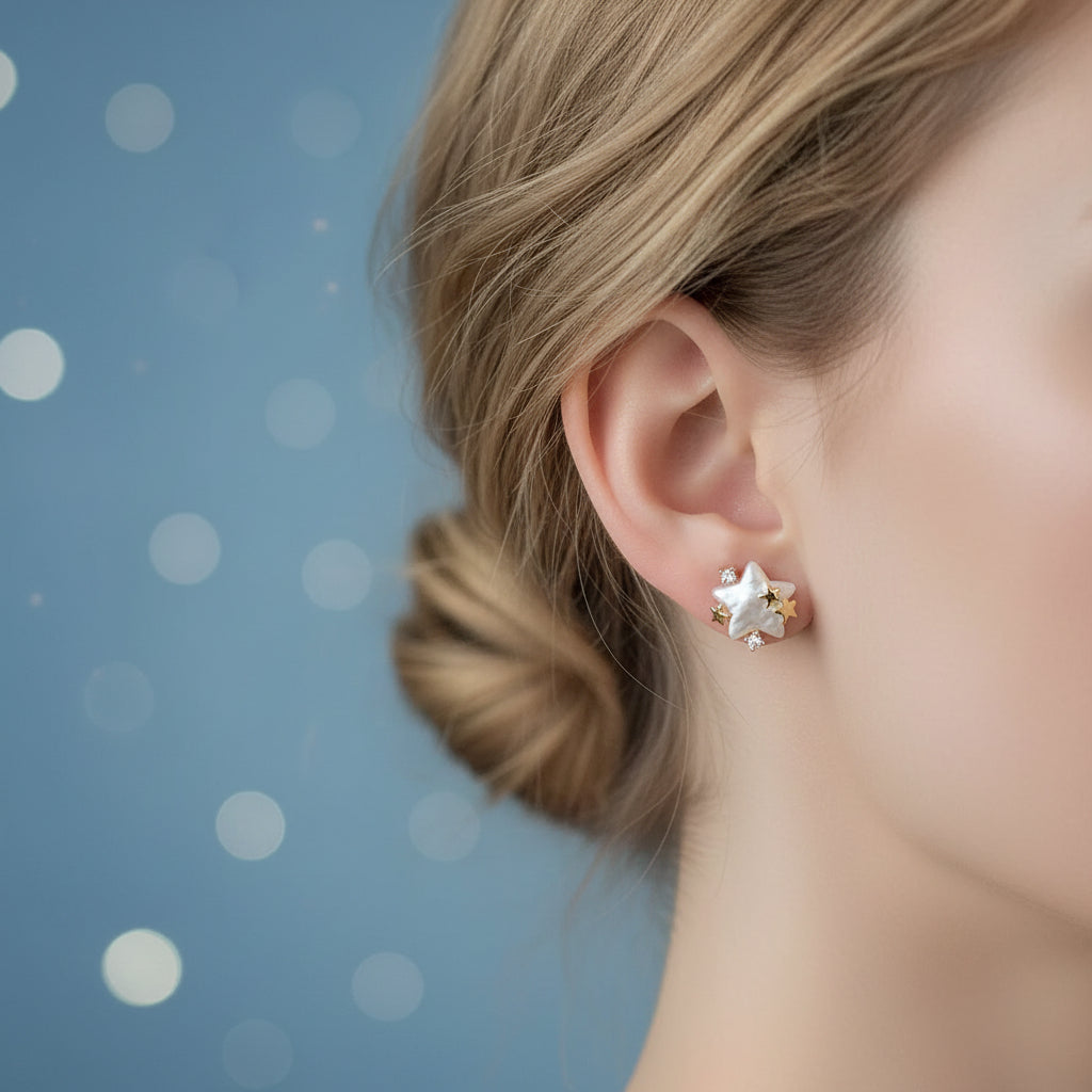 Woman earing Pearlescent Star & Crystal Earrings