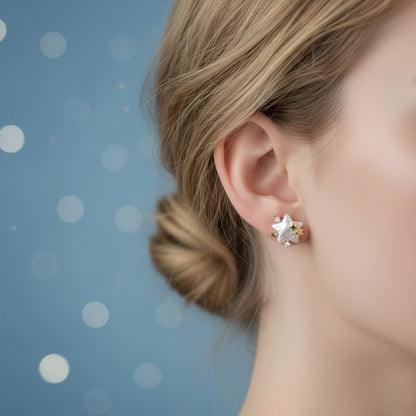 Woman earing Pearlescent Star & Crystal Earrings