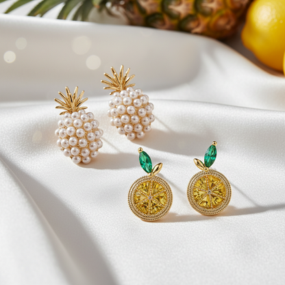 Pineapple Pearl & Lemon Slice Gem Earrings Bundle on a white background.