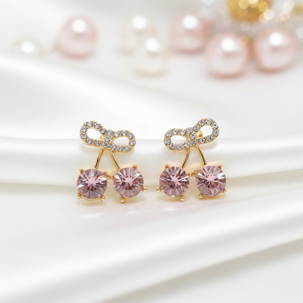 Pink Cherry Pavé Bow Earrings on white