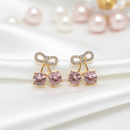 Pink Cherry Pavé Bow Earrings on white