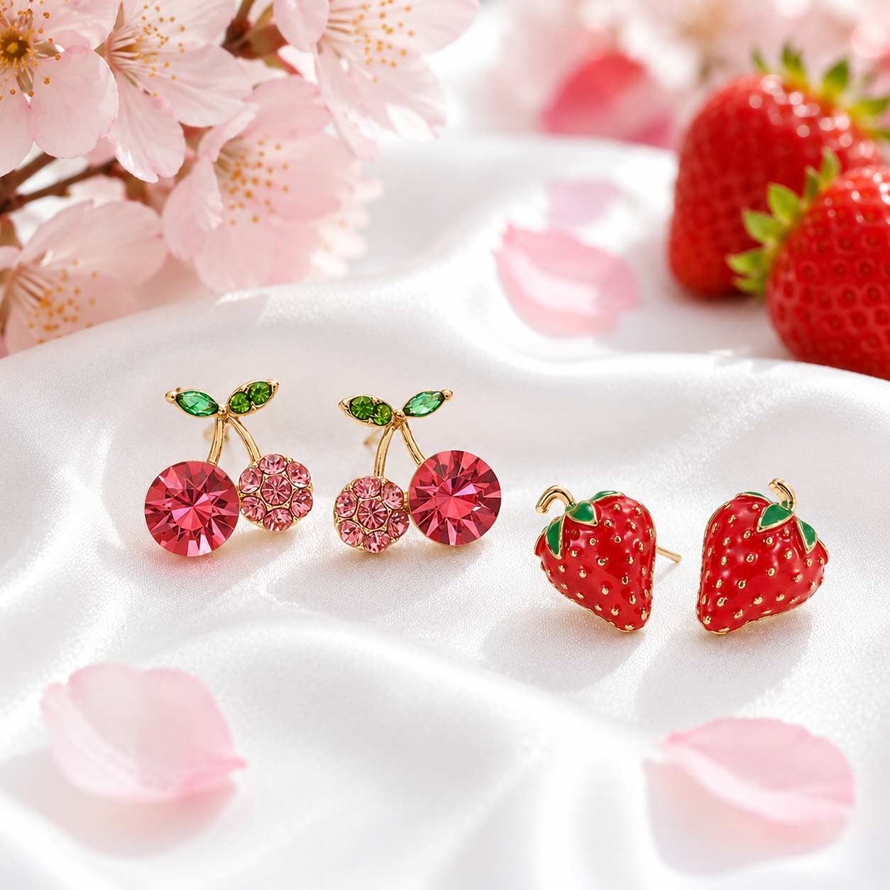 Pink Cherry & Strawberry Earring Set on a white surface with pink flowers and strawberries in the background