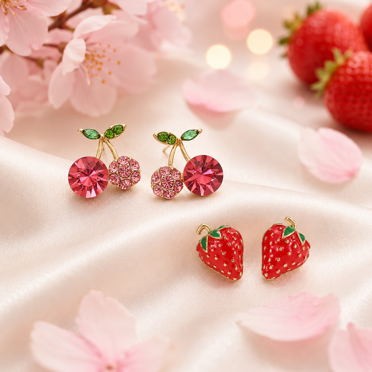 Pink Cherry & Strawberry Earring Set on a soft pink background with flowers and strawberries.
