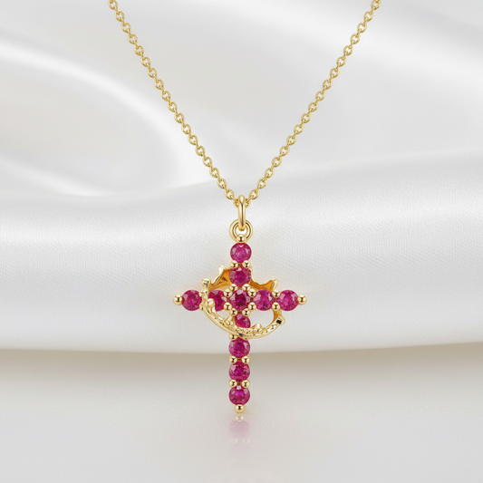 Pink & Gold Cross Crown Faith Necklace on a white background
