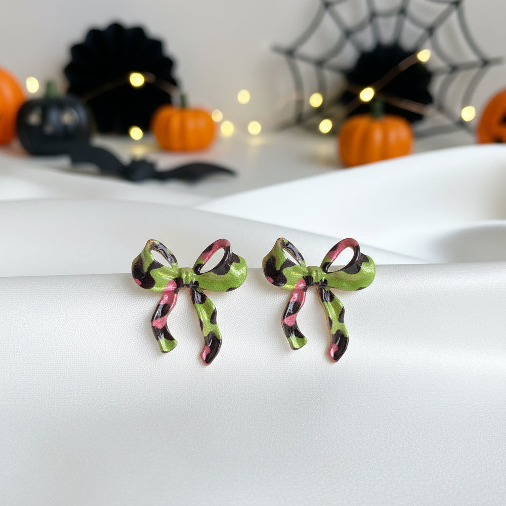 Pink & Green Leopard Bow Earrings