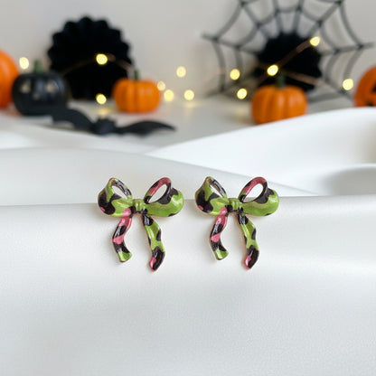 Pink & Green Leopard Bow Earrings