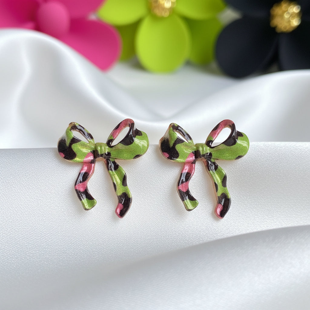 Pink & Green Leopard Bow Earrings on white
