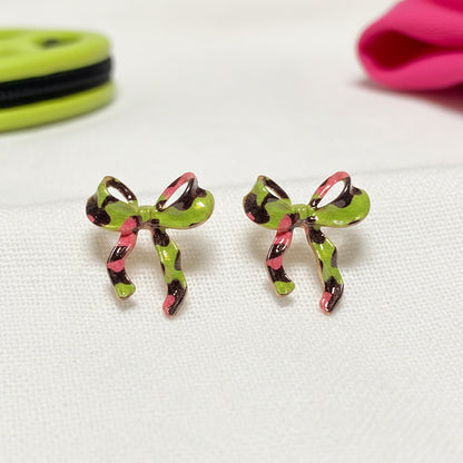 Pink & Green Leopard Bow Earrings on linen