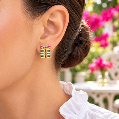 Woman wearing Pink & Green Pavé Gift Box Earrings in bloom