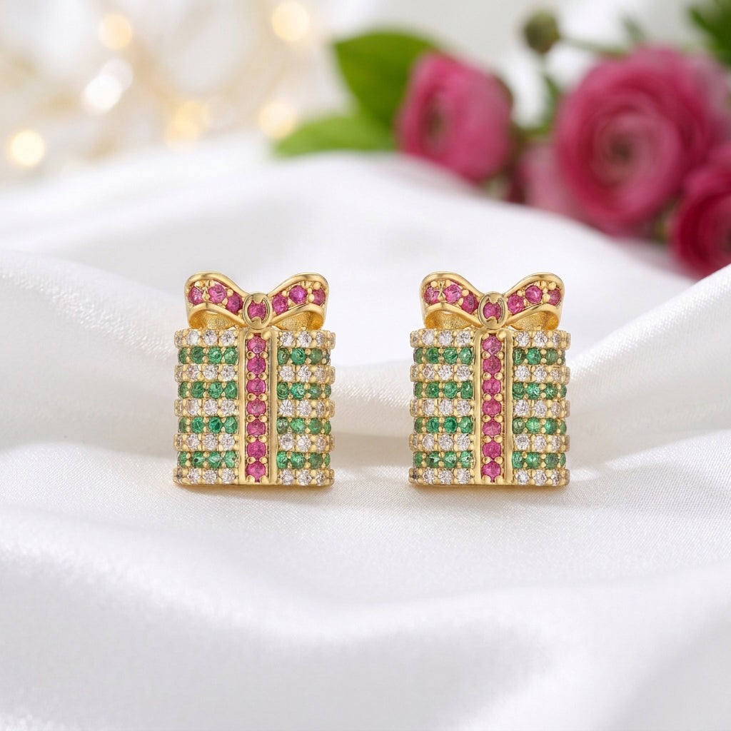 Pink & Green Pavé Gift Box Earrings with flowers