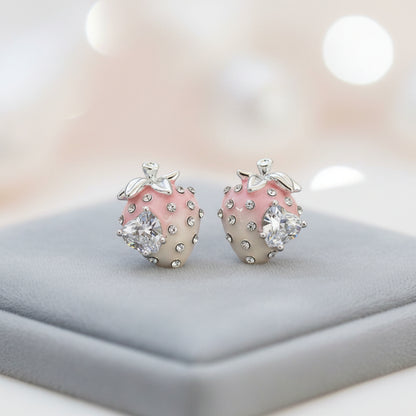 Pink Ombré Crystal Strawberry Earrings on grey velvet