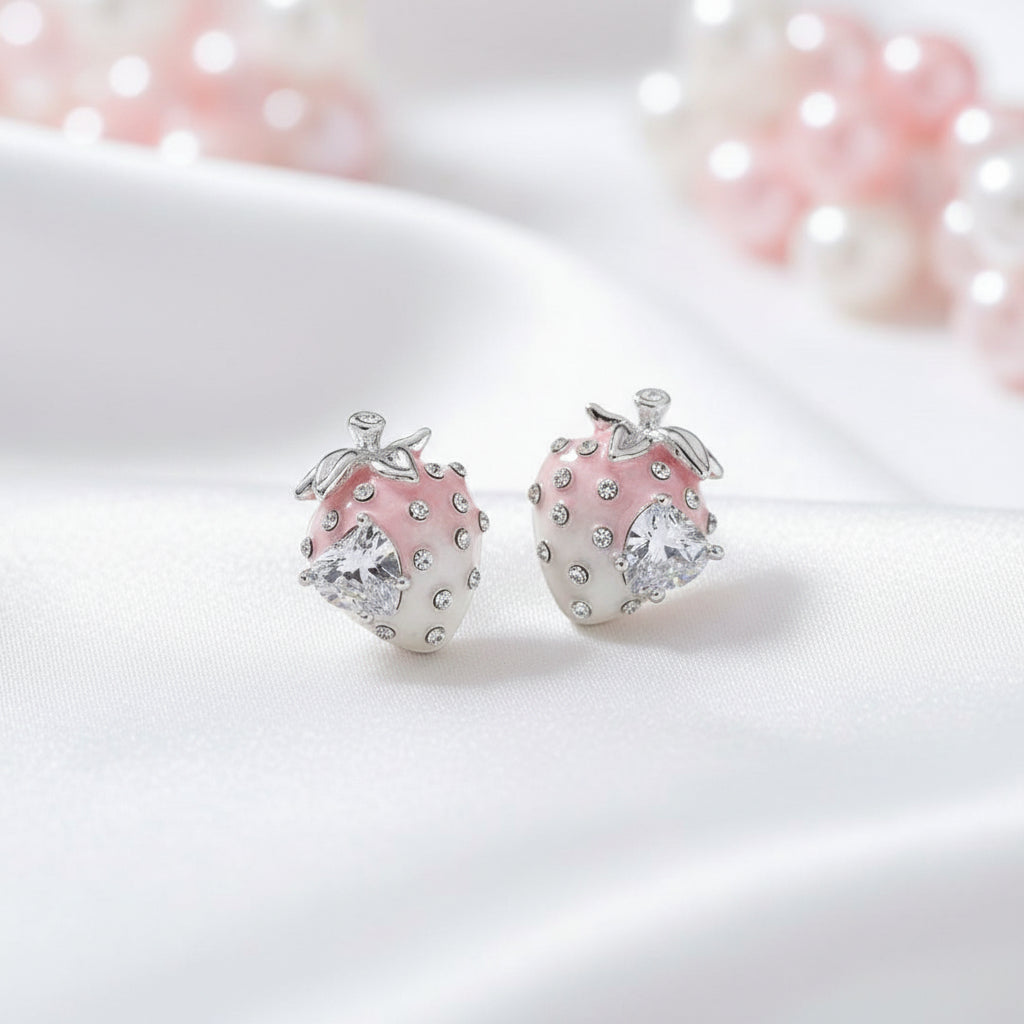 Pink Ombré Crystal Strawberry Earrings on white