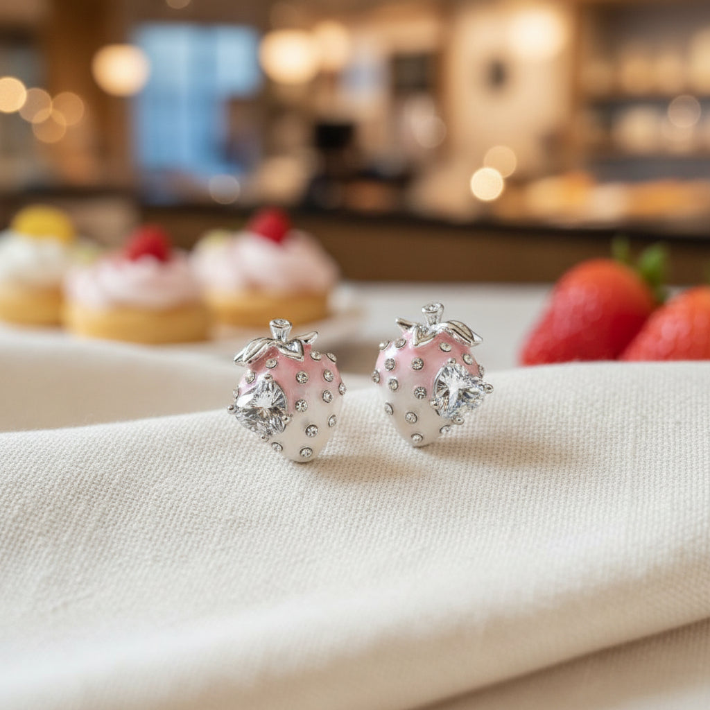 Pink Ombré Crystal Strawberry Earrings on linen