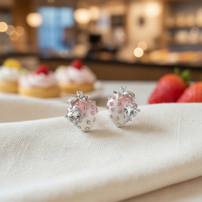 Pink Ombré Crystal Strawberry Earrings on linen