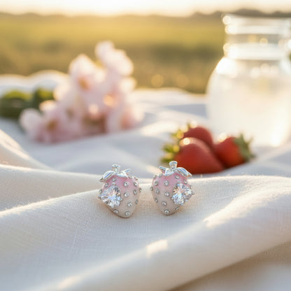 Pink Ombré Crystal Strawberry Earrings on linen outside