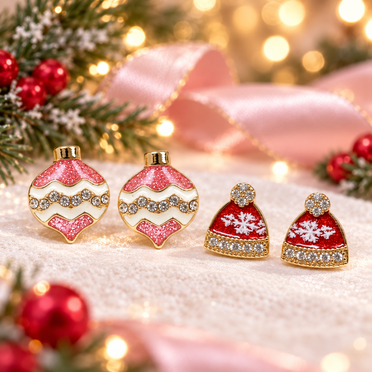 Pink Ornament & Santa Hat Earring Bundle w/ pine boughs