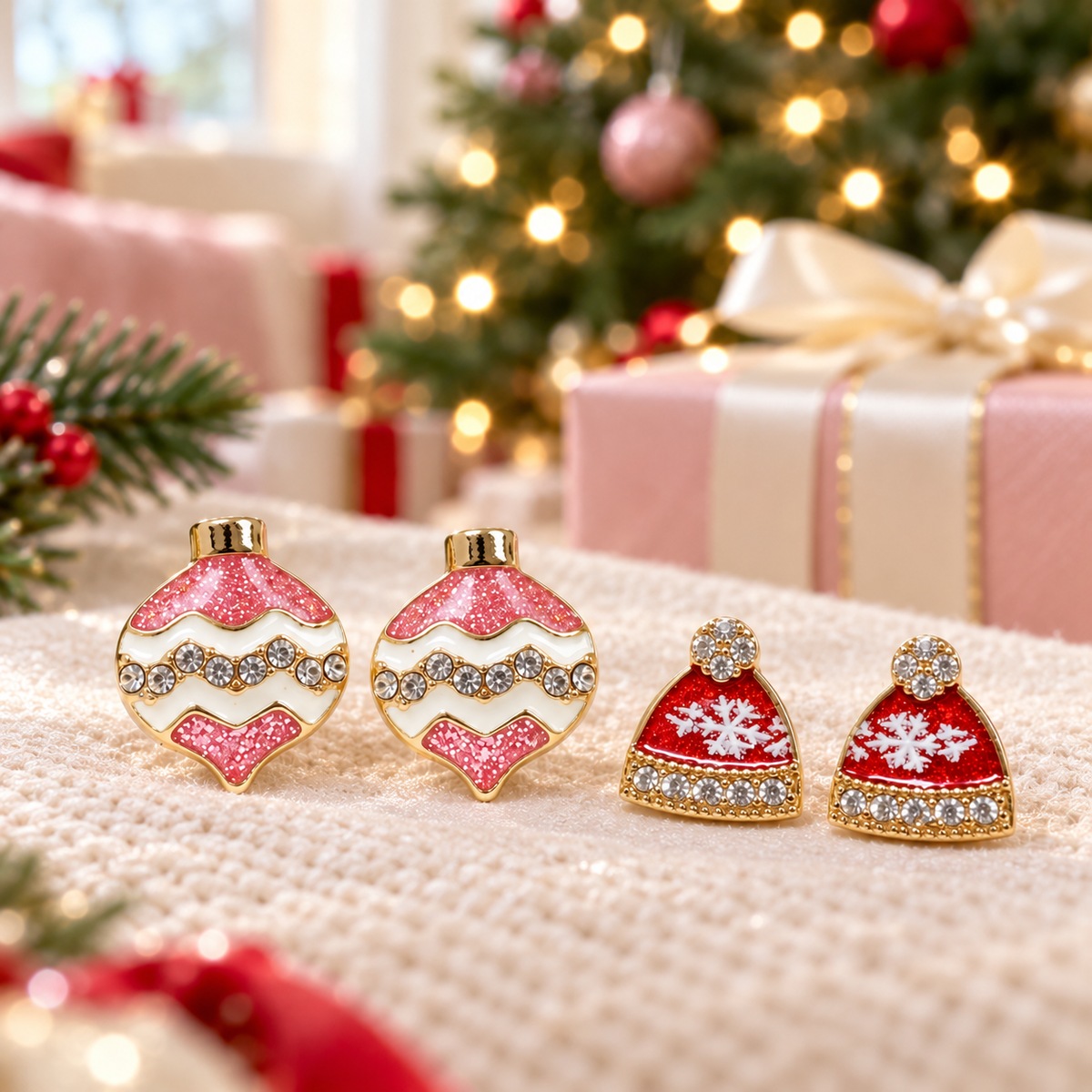 Pink Ornament & Santa Hat Earring Bundle with gifts