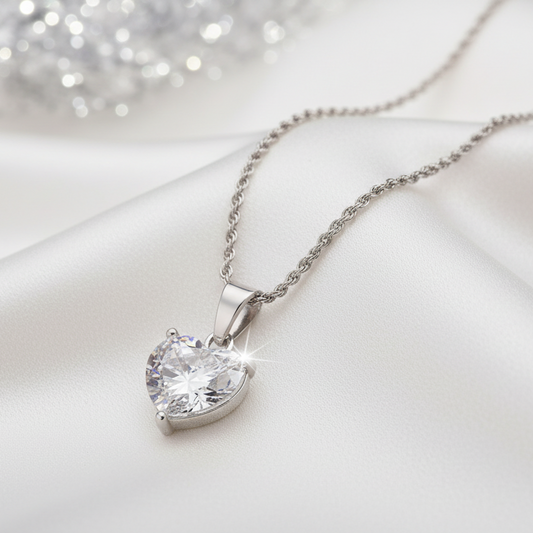 Princess Silver CZ Heart Necklace against a soft, blurred background