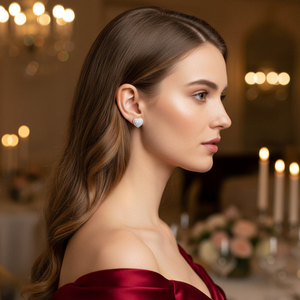 Woman wearing Radiant Heart Pavé Earrings