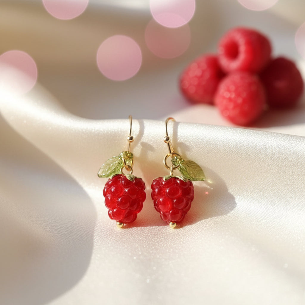 Raspberry Drop Earrings on white with berries