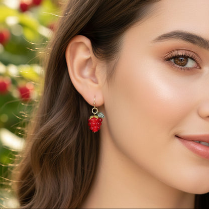 Woman wearing Raspberry Drop Earrings