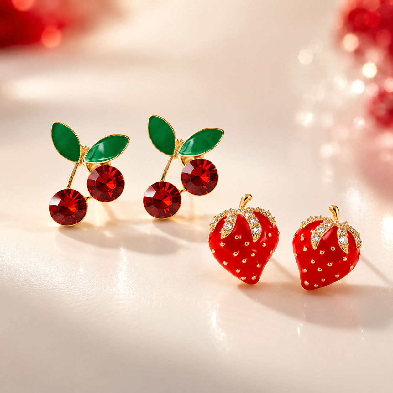 Red Cherry & Zircon Strawberry Earring Set on a soft background