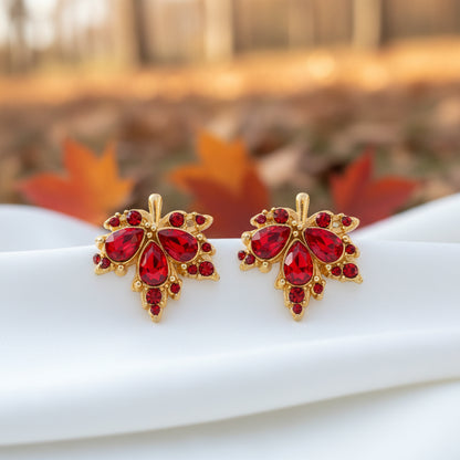 Red Crystal Maple Leaf Earrings in woods