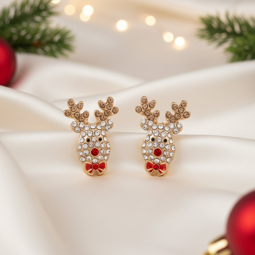 Red Nose Reindeer Pavé Earrings on satin