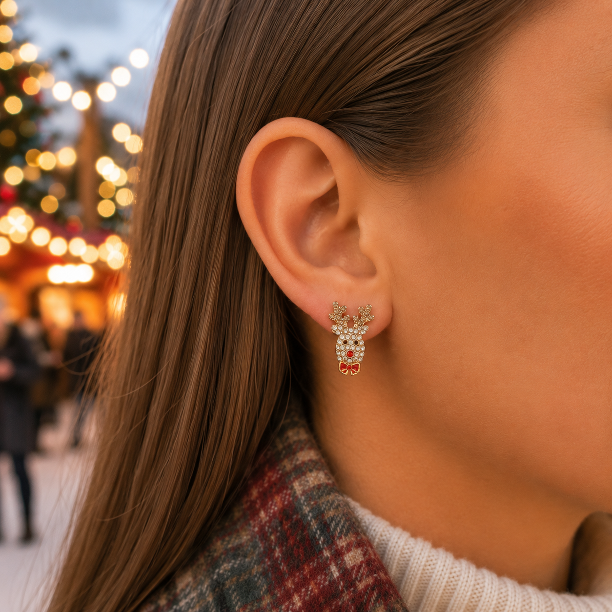 Woman wearing Red Nose Reindeer Pavé Earrings
