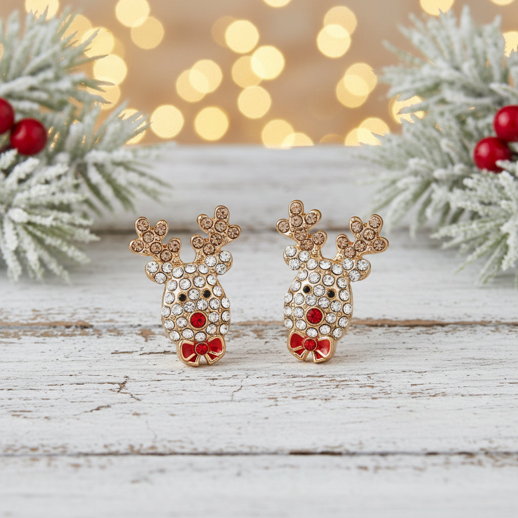 Red Nose Reindeer Pavé Earrings on white barnwood