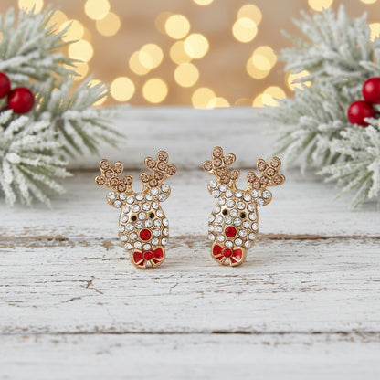 Red Nose Reindeer Pavé Earrings on white barnwood