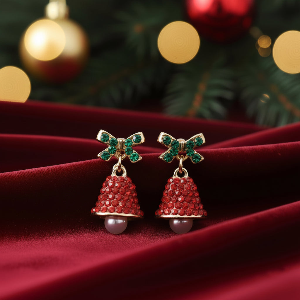 Red Pavé Bell Pearl Drop Earrings on red