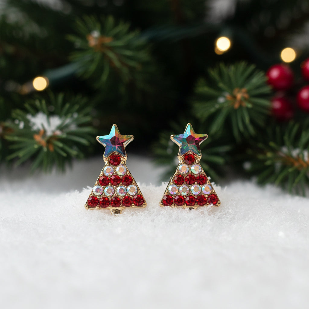 Red Pavé Christmas Tree Earrings on snow
