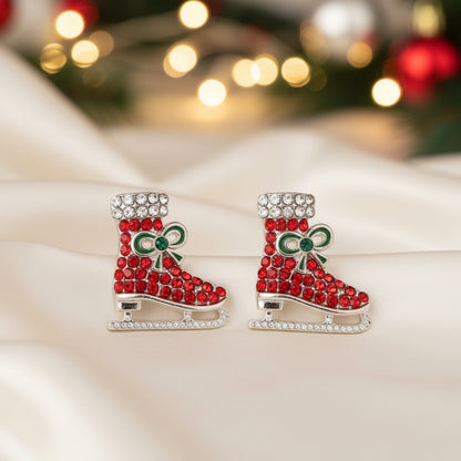 Red Pavé Ice Skate Earrings on satin