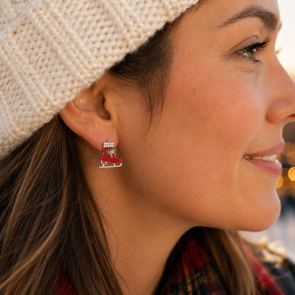 Woman wearing Red Pavé Ice Skate Earrings outside