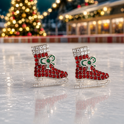 Red Pavé Ice Skate Earrings on ice rink