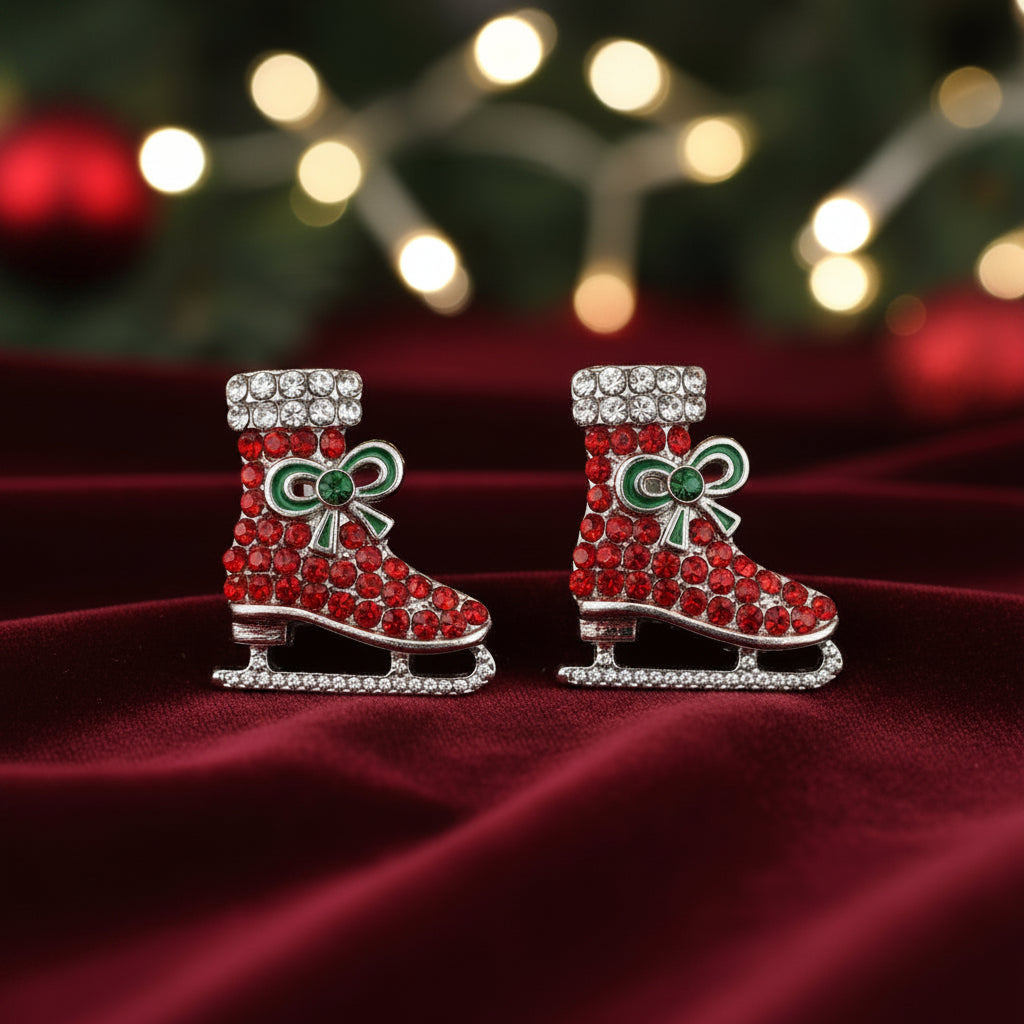 Red Pavé Ice Skate Earrings on red velvet
