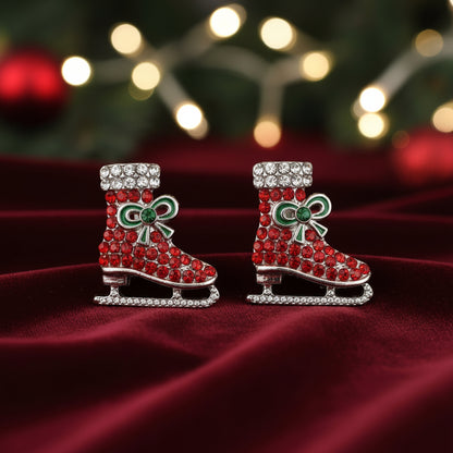 Red Pavé Ice Skate Earrings on red velvet