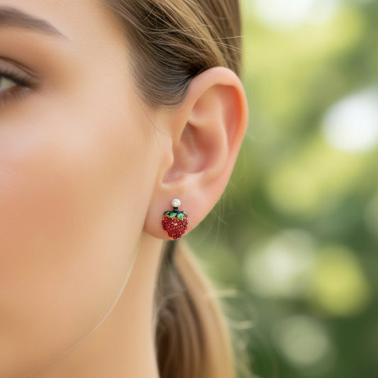 Woman wearing Red Pavé Strawberry Earrings