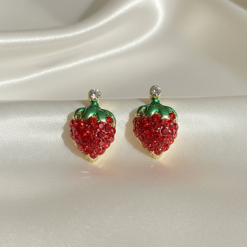 Red Pavé Strawberry Earrings on white