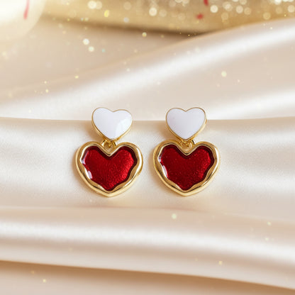Red & White Double Heart Drop Earrings