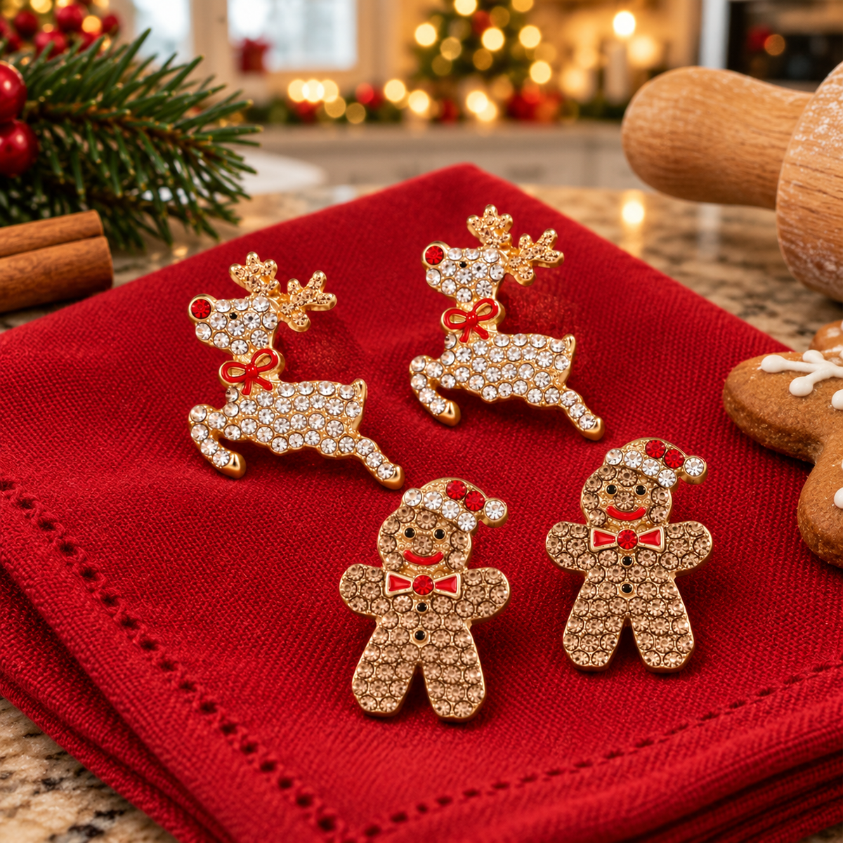 Reindeer & Gingerbread Man Pavé Earrings Bundle baking scene