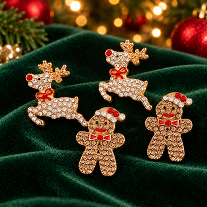 Reindeer & Gingerbread Man Pavé Earrings Bundle on green velvet